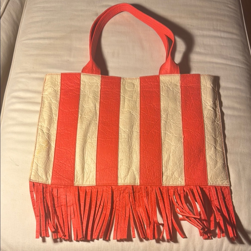 Hozen Vegan Red and White Striped Tote with Fringe